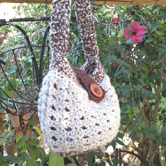 Crochet Shoulderbag TAN Boho Large Cute Button Gypsy Bohemian Festival Hippie - Picture 4 of 8